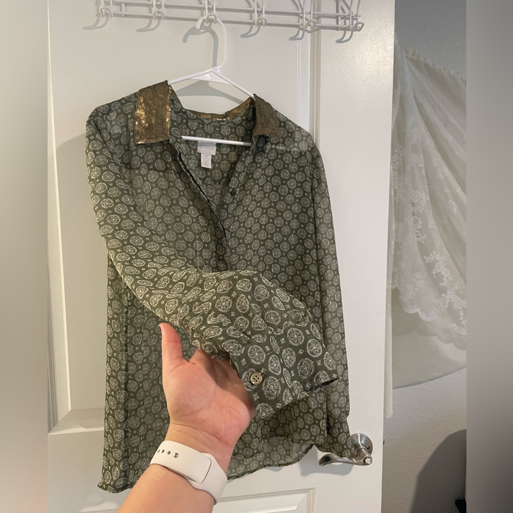 Chicos Patterned Blouse With Gold Sequin Collar |… - image 2